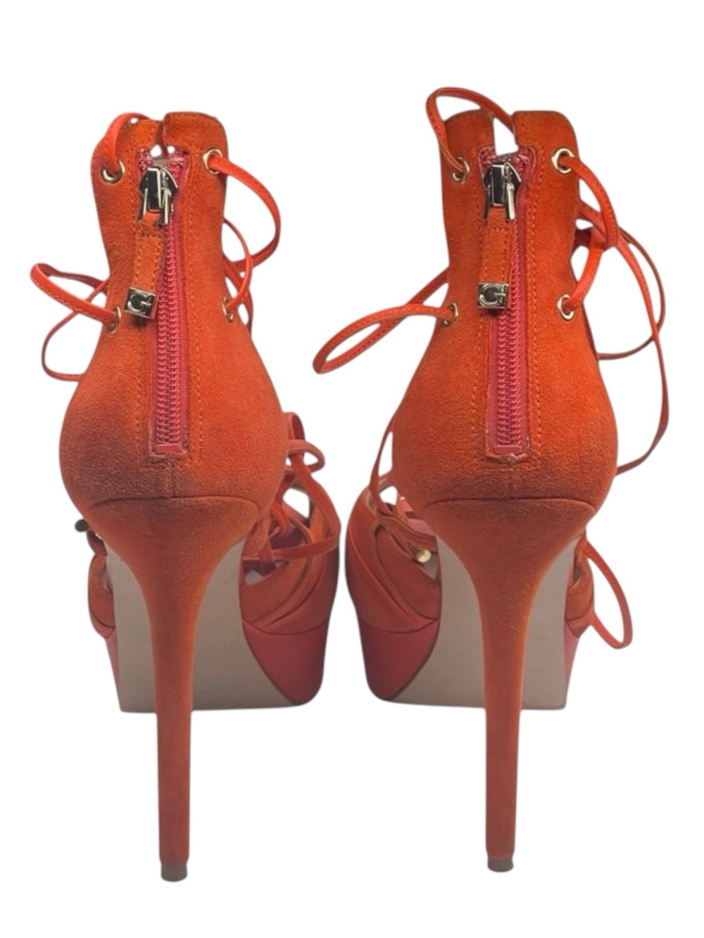 Guess ᯾ Raja Ankle Wrap Platform Stiletto Peep Toe Heels ᯾ Orange Suede ᯾ 8M - Picture 5 of 16